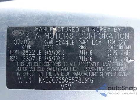 2008 Kia Sorento Lx z USA, uszkodzony, nr VIN KNDJC735085780916
